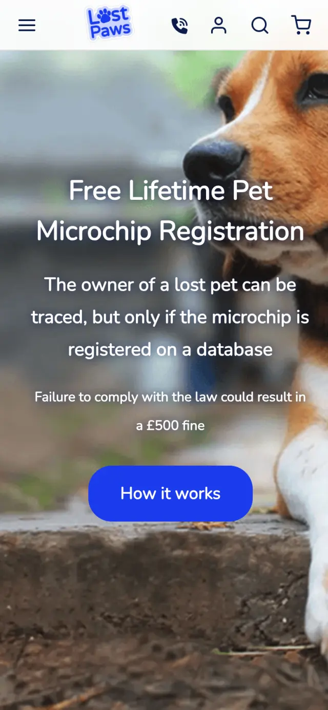 Lost Paws: the home page on a phone